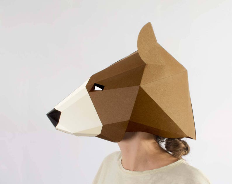 Bear mask, low poly mask for a kids dess up. Papercraft mask pdf pattern. image 3