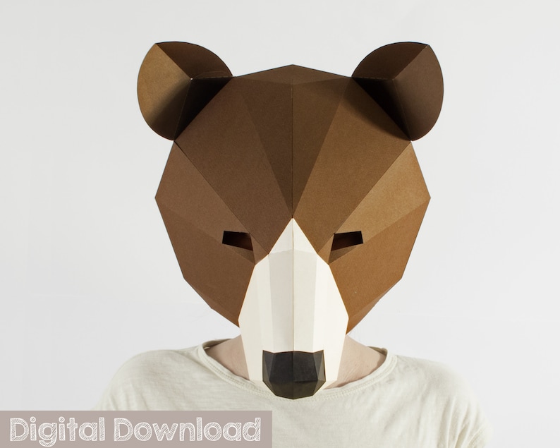 Bear mask, low poly mask for a kids dess up. Papercraft mask pdf pattern. image 1