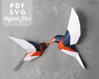 3D Birds papercraft PDF and SVG templates, DIY bedroom art, Valentine's day gift.
