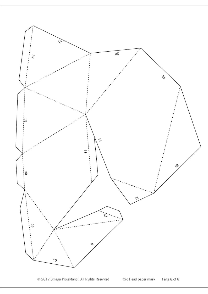 K&ouml;nnte beinhalten: Eine schwarz-wei&szlig;e Papiermaskenvorlage f&uuml;r einen Orc-Kopf. Das Design zeigt geometrische Formen und gestrichelte Linien zum Falten. Enth&auml;lt Text: "Orc Head paper mask" und "Page 8 of 8".