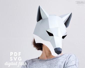 Wolf mask papercraft, Easy low poly mask. Instant download PDF and SVG. Halloween costume idea.