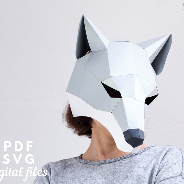 Papercraft masque de loup, masque low poly facile. Téléchargement instantané PDF et SVG. Idée de déguisement d'Halloween.