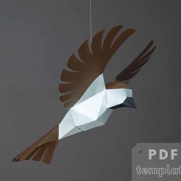Oiseau suspendu moineau, papercraft low poly - patron PDF. Origami 3d, papercraft pdf.