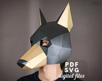 Masque de chien, Doberman, Anubis : modèle PDF papercraft Masque, costume cosplay, masque de mascarade.