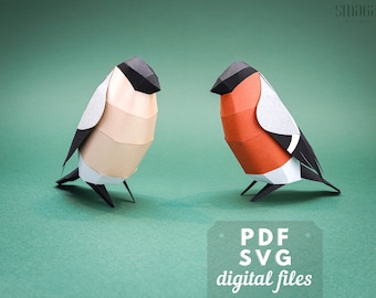 Bricolage bouvreuil en papier : sculpture d'oiseau en papier 3D, fichiers PDF et SVG pour une décoration de ferme ou de maison de campagne.