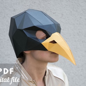 Bird mask paper craft, DIY Bird costume for Halloween. Printable Crow mask papercraft, low poly mask with beak.