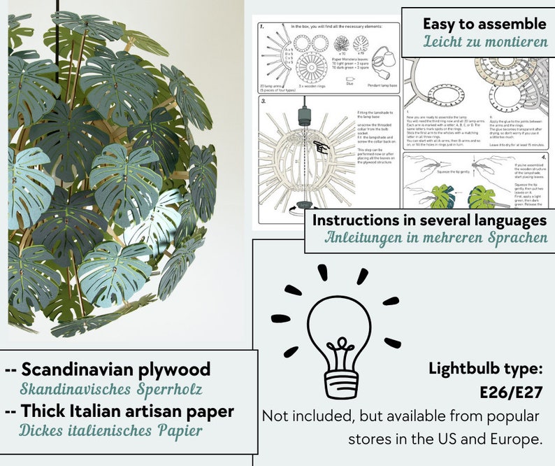 16 Zoll/41cm Durchmesser. Monstera, Lampenschirm aus Papier. Tropisches Dekor, Papier-Leuchterbeleuchtung. Bild 3