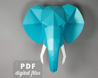 Elephant Head PDF File, Geometric 3d Wall Art, Paper DIY Craft for Adults, papercraft template.