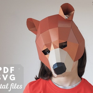 Bären-Maskenvorlage, Papiermaskenmuster: SVG + PDF, Bärenkostüm für Kinderparty, Low-Poly-Tiermaskenvorlage mit Video-Tutorial.