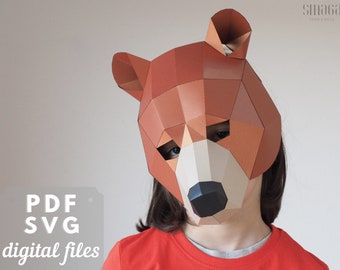 Kids Bear mask, SVG + PDF pattern, Bear costume for kids party, Paper Low poly animal mask template with Video tutorial.