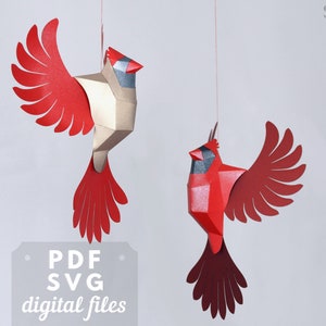 Cardinal rouge, oiseau suspendu. Modèle imprimable 3D en papercraft. Bricolage Oiseau géométrique.