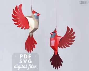Uccello appeso Cardinale rosso. Modello stampabile in carta 3D. Uccello geometrico fai da te.