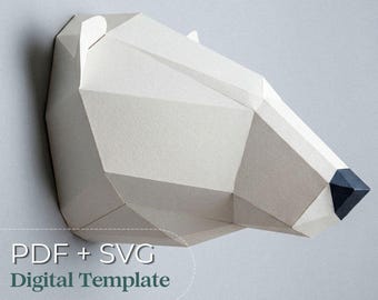 Plantilla PDF y SVG de oso polar 3D para manualidades en papel / Archivo de corte de cabeza de animal de baja poli para Cricut / Arte de pared DIY