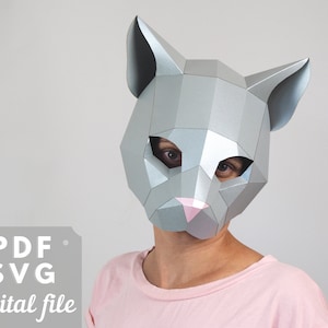 Demi-masque de chat, masque animal en papier, modèle PDF et SVG. Masque artisanal en papier low poly. Parfait pour un jeu de rôle ou un déguisement de chat masqué.