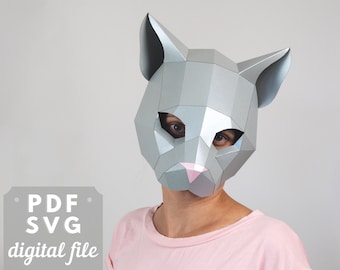 Cat half mask, paper animal mask PDF and SVG pattern. Low poly paper craft mask. Perfect for pretend play or masquerade cat costume.
