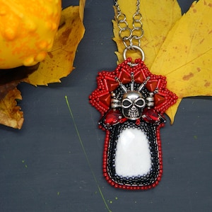 Handmade Skull Necklace with Jade Gemstone, Human Skull Pendant Necklace, Santa Muerte Skull Necklace