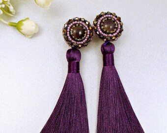 Amethyst Tassel Earrings: Bead Embroidered Purple Gemstone Studs