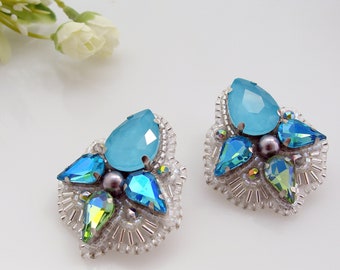 Blue Silver Crystal And Pearls Stud Earrings, Statement Bead Embroidery Crystal Earrings, Blue Green Glam Crystal Earrings