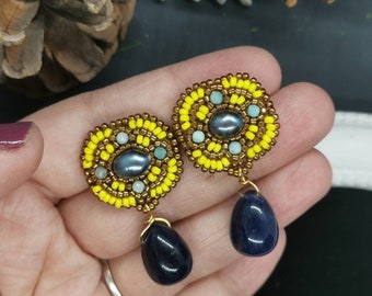 Colorful Statement Stud Earrings with Teardrop Sodalite Dangle, Bead Embroidery Post Earrings, Gemstone Dangle Earrings