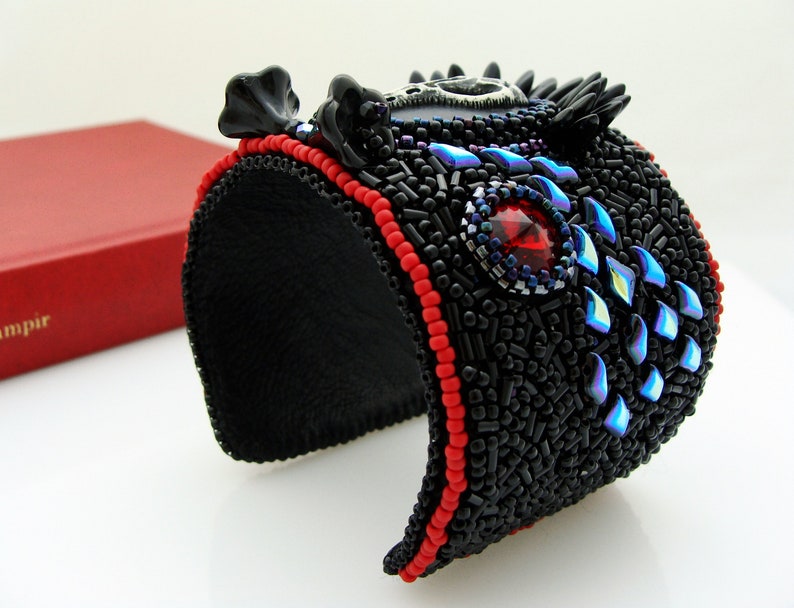 Vampire Cuff Bracelet Black Skull Cameo Bracelet Raven Skull Cuff Bracelet Bead Embroidery Cuff Bracelet