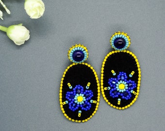 Statement Ethnic Earrings with Romanian Bead Embroidery on Velvet, Folk Earrings, Black Velvet Earrings with Beaded Flowers