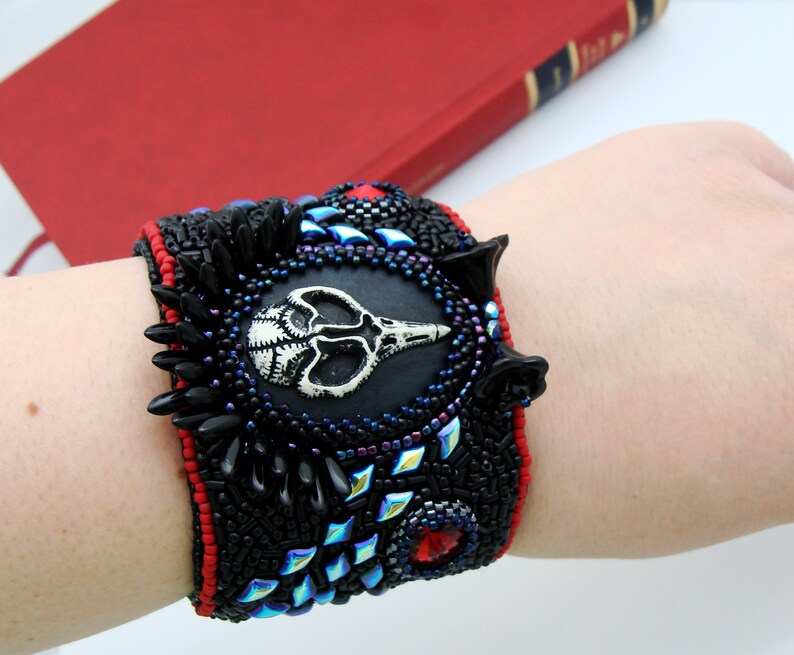 Vampire Cuff Bracelet Black Skull Cameo Bracelet Raven Skull Cuff Bracelet Bead Embroidery Cuff Bracelet