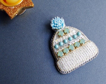 Winter Hat Bead Brooch, Crystals Brooch, Christmas Brooch Pin