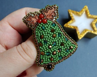 Mistletoe Bell Bead Brooch, Christmas Brooch, Crystal Bead Brooch, Gemstone Bead Brooch