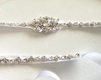 Ceinture fine strass cristal pour robe de mariée - applique strass argenté 89cm