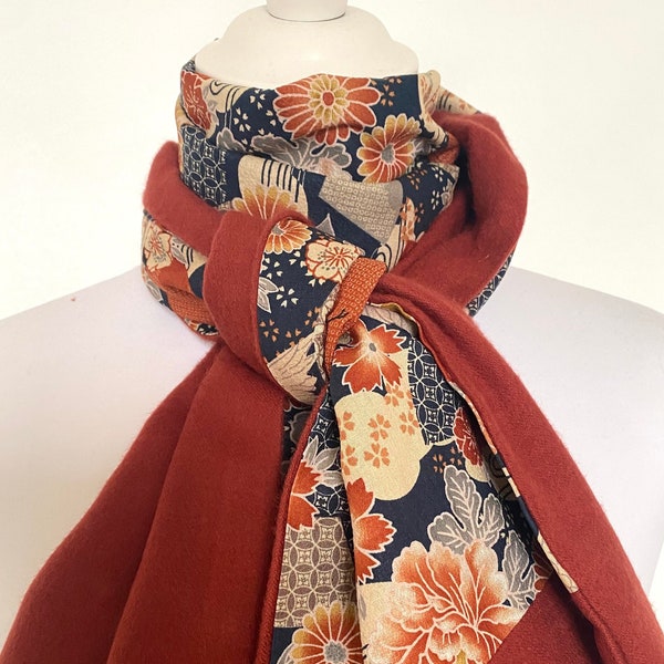 Coton laine & tissu japonais écharpe rouille - cache col, patchwork tissu grues fleurs - accessoire automne hiver