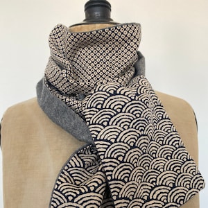 Może przedstawiać: Dwustronny szalik z szarą podstawą z tweedu. Jedna strona ma powtarzający się geometryczny wzór w kolorze beżowym i granatowym, a druga strona ma granatowy i beżowy wzór fal. Szalik jest ułożony na manekinie.