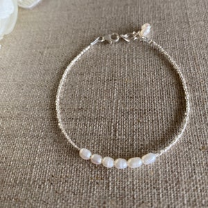 Pearl silver bracelet with tiny silver beads and genuine white pearls - rice shape freshwater pearls