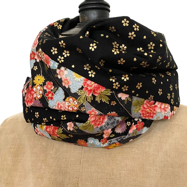 Snood femme coton  japonais fleurs or noir, laine et coton, écharpe chaude fleurs multicolores, cadeau Noël femme