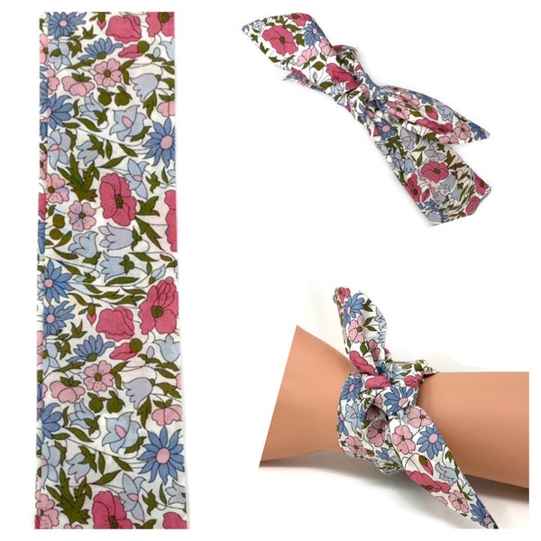 Foulard bandeau fait avec tissu Poppy and Daisy rose / bleu - à nouer, flexible, foulard bracelet - headband fleurs Liberty rose bleu