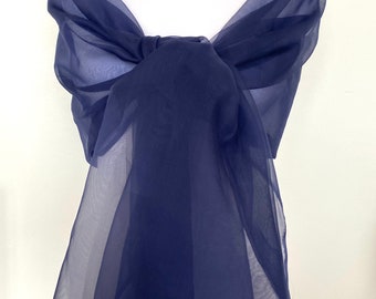 Etole soie organza bleu marine, étole en organza de soie rigide - Étole mariage - étole robe de mariée - étole bleu foncé transparent