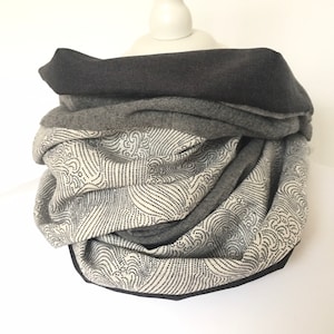 Puede incluir: Bufanda infinita gris y negra en capas. La capa superior es gris oscuro, seguida de capas grises más claras y una capa estampada con un diseño en blanco y negro. La bufanda se muestra sobre una cabeza de maniquí blanca.