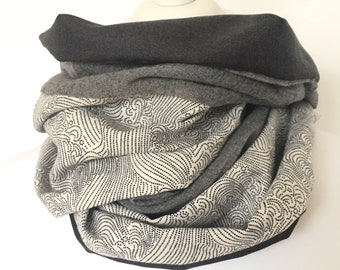 Foulard snood homme - fine laine soie et Cotons japonais, tour de cou gris - motifs vagues, laine gris clair et soie gris foncé - léger