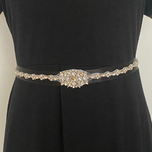 Rhinestone belt for black evening dress - black satin ribbon belt to tie