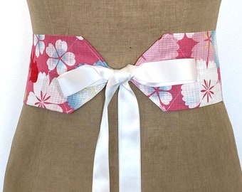 Ceinture Obi coton japonais fleurs rose bleu clair et blanc - ceinture cortège - obi japonais