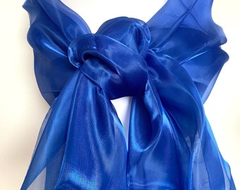 Etole organza indigo bleu électrique 200cm, tissu synthétique, étole soirée, châle cérémonie