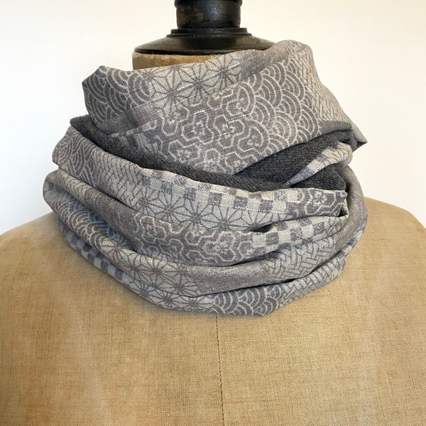 Tissus japonais gris, cotons laine, écharpe homme ou femme motifs seigaiha asanoha - snood ou écharpe hiver