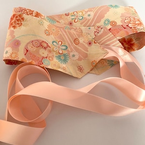 Japanese cotton Obi belt with cream and peach flowers - procession belt - Japanese obi
