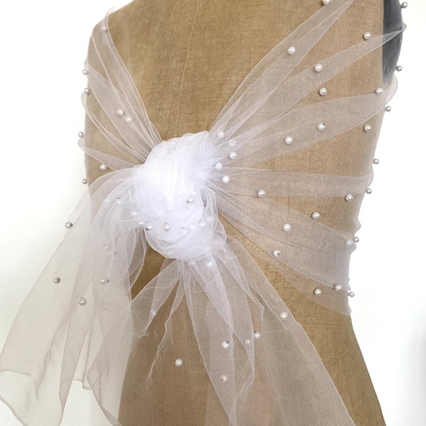 Etole tulle perlé blanc - étole mariée tulle fin et perles - Etole cérémonie blanche - étole mariage civil