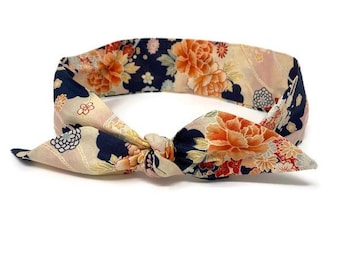Skinny Japanese cotton scarf, cotton headband with blue cloud, pink beige orange flowers, wire headband, women's fabric bracelet, knot cover.