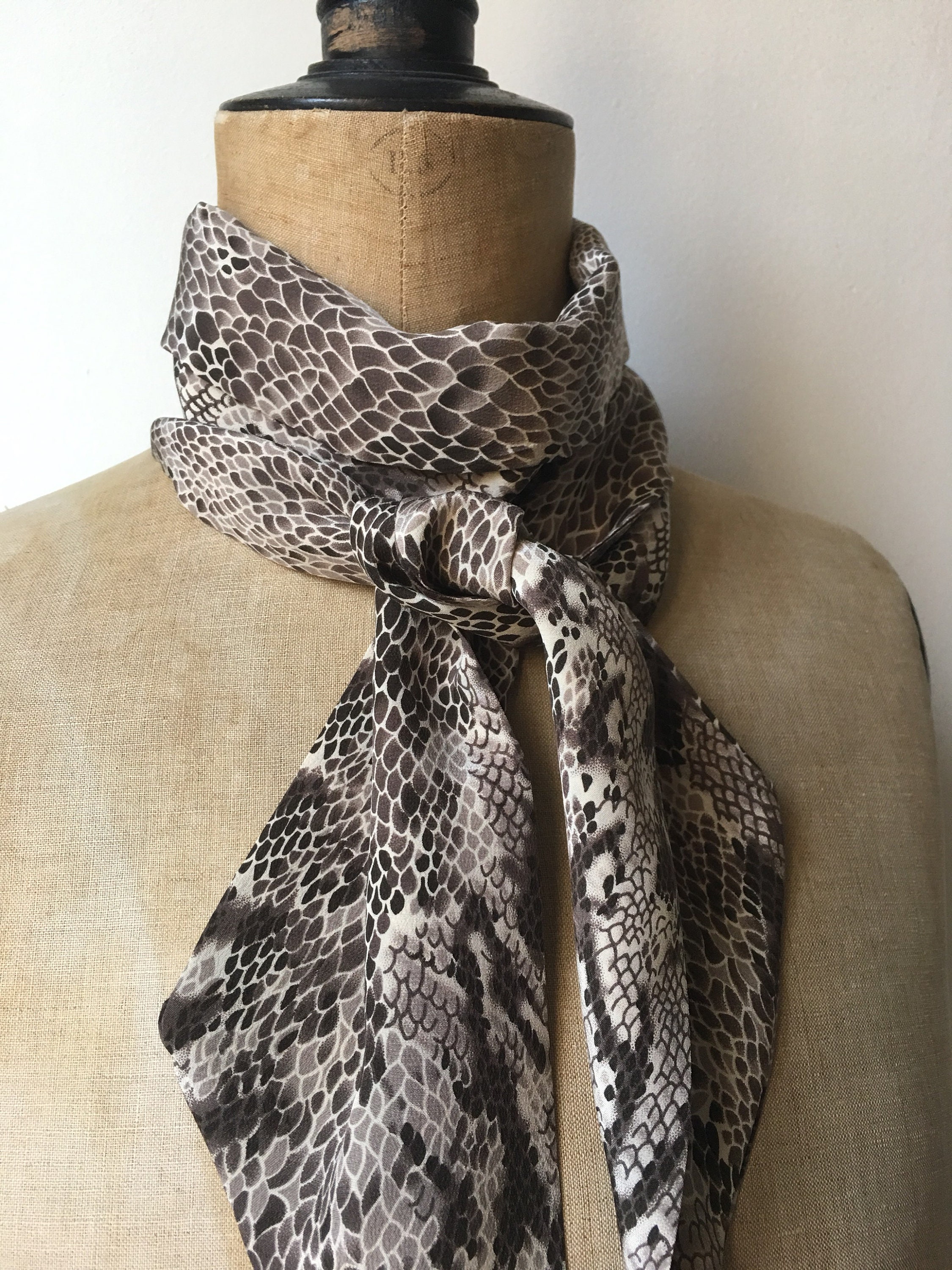 Snake pattern silk scarf with coffee brown and cream print | Etsy
