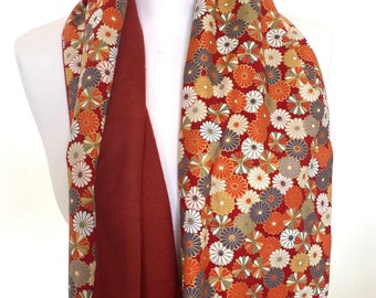 Women's scarf Japanese cotton flowers orange red with plain rust wool/cotton blend