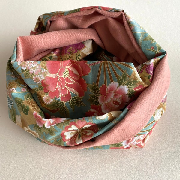 Laine coton, écharpe snood tissu japonais, écharpe femme rose vert, tour de cou, fleurs japon