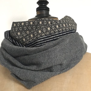 Japanese fabrics, wool and cotton, snood asanoha scarf stripes and plain gray wool