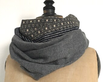 Japanese fabrics, wool and cotton, snood asanoha scarf stripes and plain gray wool