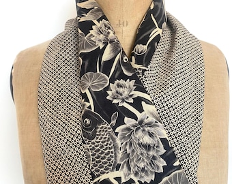 Japanese patchwork scarf with koi fish and polka dots (Shibori) - black and cream, all-season scarf